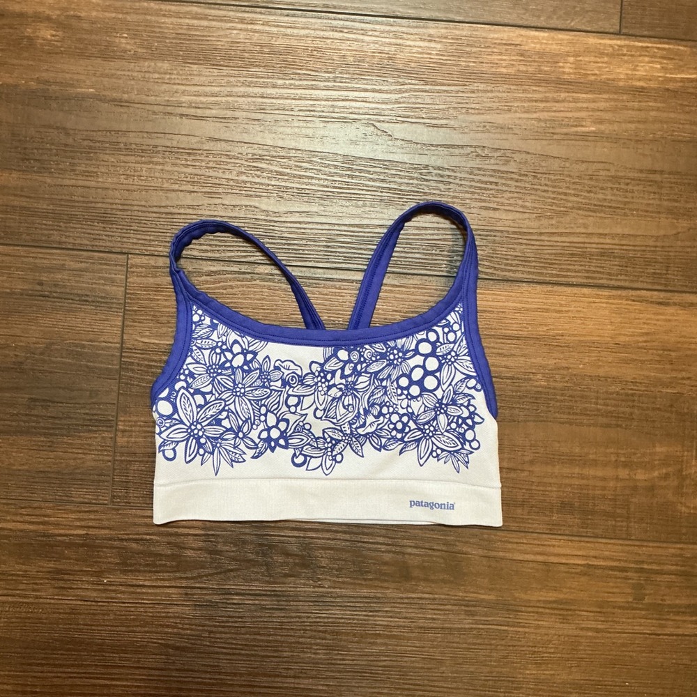 Patagonia Active Floral Sports Bra Blue White Racerback XS Workout Yoga Top